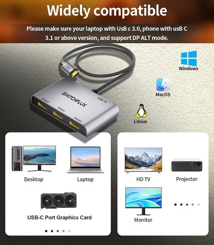 USB C to 3 × HDMI Adapter |4K60Hz HDMI Splitter Extended Display 1 in 3 Out MST Hub with 100W PD for Multiple Monitors Converter Compatible with Laptop,PC,USB-C Graphics Card in Saudi Arabia