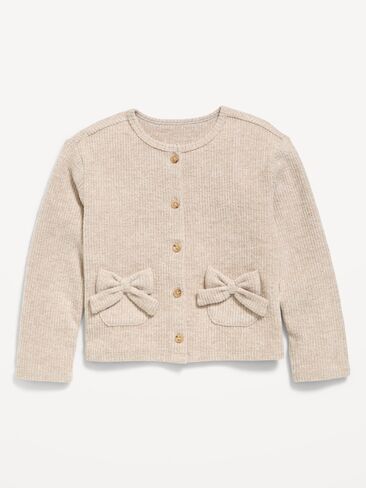 Old Navy Cozy Ribbed Bow-Pocket Cardigan Sweater for Toddler Girls - Light Brown Heather in Kuwait