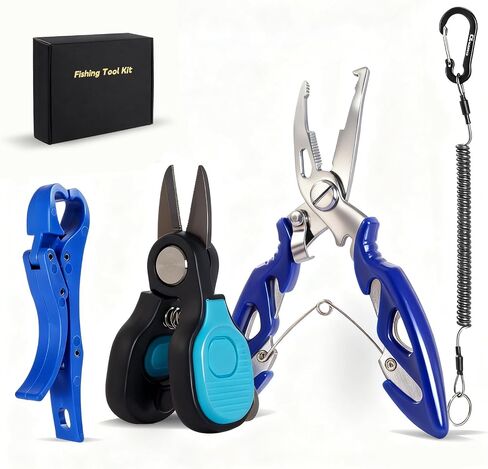 4pc Fishing Tool Kit, Fishing Serrated Scissors , Multifunctional Pliers, Lip Gripper,Retractable lanyard, Resistant Saltwater Accessories & Equipment, for Hook Remover, Inshore & Nearshore in Kuwait