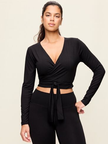 Old Navy StudioSmooth Long-Sleeve Wrap Top - Black Jack in Kuwait