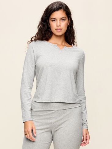 Old Navy Long-Sleeve Split-Neck Top - Heather Grey in Kuwait