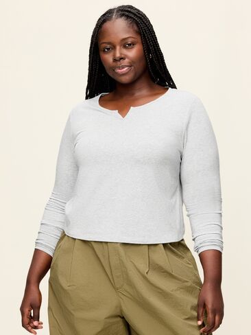 Old Navy Long-Sleeve Split-Neck Top - Heather Grey in Kuwait