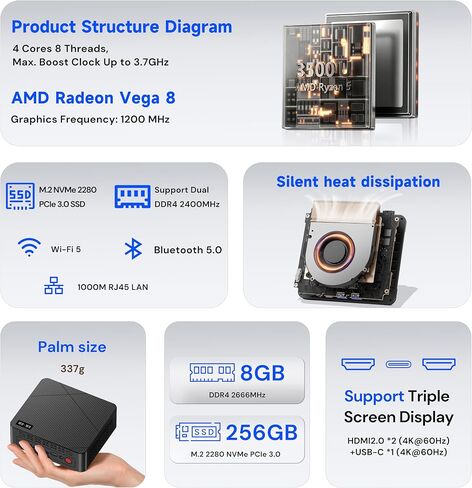 wo-we Mini PC AMD 3500U(Beat N150/N100/4300U) 8GB RAM 256GB SSD 4C/8T 4K Triple Display HDMI&Type-C,USB3.2 Silent Heat Dissipation Mini Desktop Computer for Home Theater Office Business Education in Kuwait