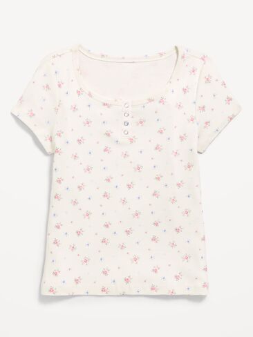 Old Navy Short-Sleeve Henley Top for Girls - Cream Ditsy Floral in Kuwait
