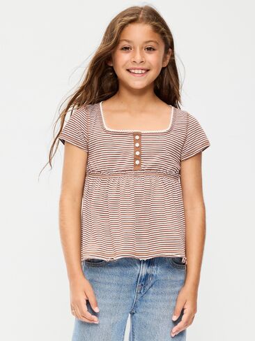 Old Navy Short-Sleeve Henley Top for Girls - Earth Brown Stripe in Kuwait