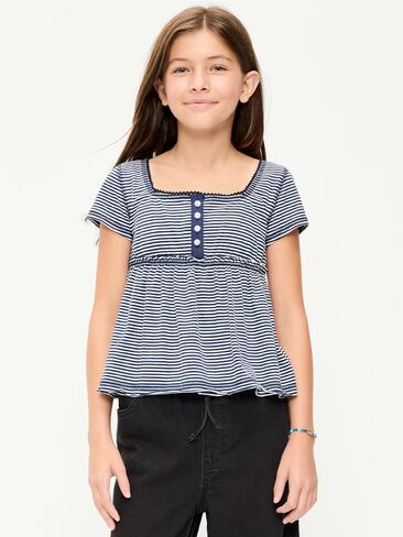Old Navy Short-Sleeve Henley Top for Girls - Navy Stripe in Kuwait