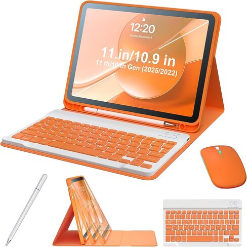 for iPad 10th Gen 10.9 Inch & 11th Gen A16 11 Inch Case, Tri-Fold Stand with Pen Holder, Integrated Wireless Mouse, Bluetooth Keyboard Kit, Includes Stylus Pen, PU leather protective cover, Orange in Saudi Arabia