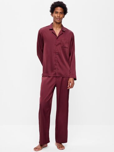Old Navy Satin Pajama Pant Set for Men - Maroon Red in Kuwait