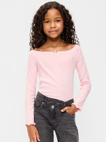 Old Navy Fitted Off-Shoulder Ribbed Top for Girls - Pink Pirouette in Kuwait