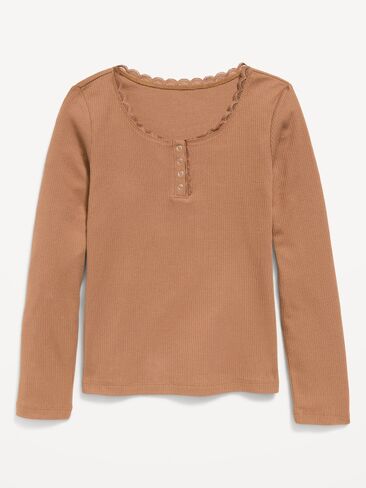 Old Navy Long-Sleeve Ribbed Henley T-Shirt for Girls - Brown in Kuwait