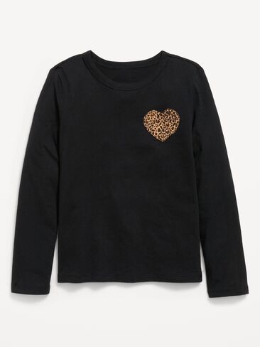 Old Navy Softest Long-Sleeve Heart-Patch T-Shirt for Girls - Black Leopard in Kuwait