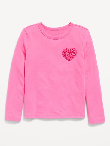 Old Navy Softest Long-Sleeve Heart-Patch T-Shirt for Girls - Pink Leopard Heart in Kuwait