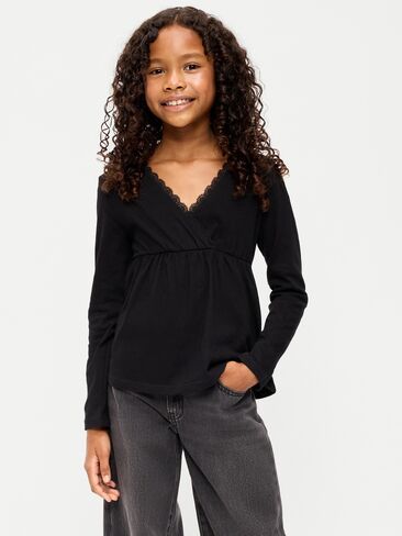 Old Navy Long-Sleeve Faux-Wrap Top for Girls - Black Jack in Kuwait