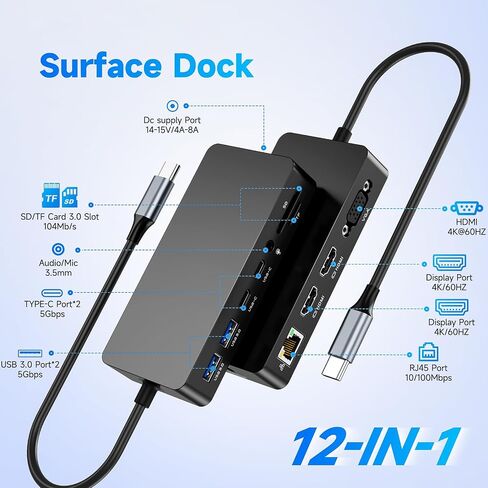 Surface Thunderbolt 4 Docking Station, Triple-Display via Dual HDMI + VGA with Power Adapter, Surface Dock Compatible with Surface Pro 12/11/10/9/8/X/7 & Surface Laptop 5/4/3, Surface Go, Studio in Kuwait