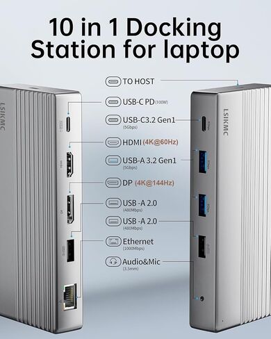 محطة إرساء الكمبيوتر المحمول بشاشة مزدوجة 4K@60 هرتز، قاعدة USB C (10 في 1) مع HDMI 4k، DP(4K@144 هرتز)، 100 وات PD، إيثرنت، 4USB، بطاقة SD/TF، ​​محور USB متعدد المنافذ لأجهزة الكمبيوتر المحمولة HP/Dell/Surface/MacBook/Lenovo in Kuwait