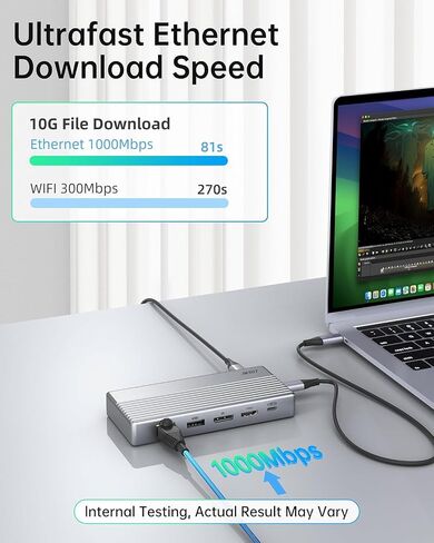 محطة إرساء الكمبيوتر المحمول بشاشة مزدوجة 4K@60 هرتز، قاعدة USB C (10 في 1) مع HDMI 4k، DP(4K@144 هرتز)، 100 وات PD، إيثرنت، 4USB، بطاقة SD/TF، ​​محور USB متعدد المنافذ لأجهزة الكمبيوتر المحمولة HP/Dell/Surface/MacBook/Lenovo in Kuwait