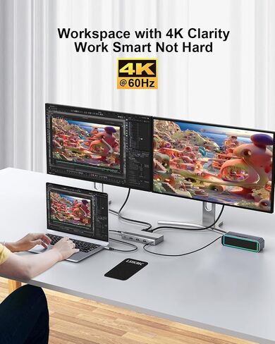 محطة إرساء الكمبيوتر المحمول بشاشة مزدوجة 4K@60 هرتز، قاعدة USB C (10 في 1) مع HDMI 4k، DP(4K@144 هرتز)، 100 وات PD، إيثرنت، 4USB، بطاقة SD/TF، ​​محور USB متعدد المنافذ لأجهزة الكمبيوتر المحمولة HP/Dell/Surface/MacBook/Lenovo in Kuwait