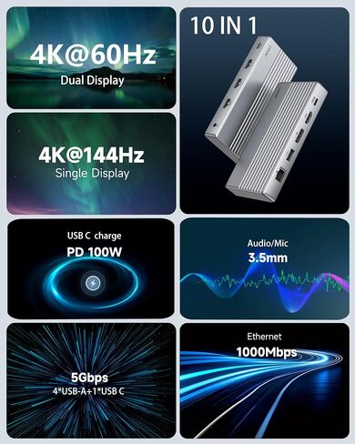 محطة إرساء الكمبيوتر المحمول بشاشة مزدوجة 4K@60 هرتز، قاعدة USB C (10 في 1) مع HDMI 4k، DP(4K@144 هرتز)، 100 وات PD، إيثرنت، 4USB، بطاقة SD/TF، ​​محور USB متعدد المنافذ لأجهزة الكمبيوتر المحمولة HP/Dell/Surface/MacBook/Lenovo in Kuwait