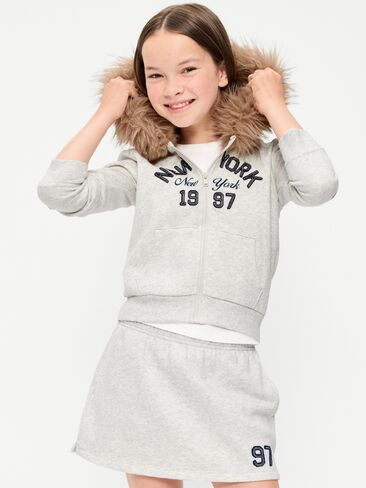 Old Navy Fitted Faux-Fur Full-Zip Hoodie for Girls - Light Heather Gray in Kuwait