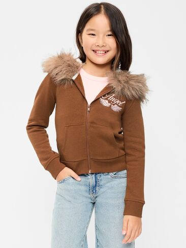 Old Navy Fitted Faux-Fur Full-Zip Hoodie for Girls - Caramel Brown in Kuwait