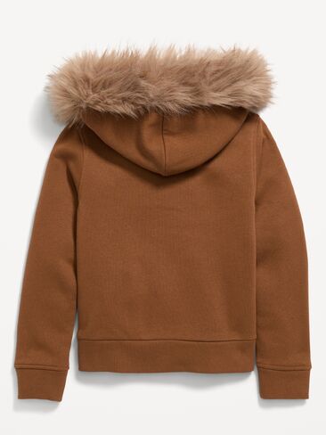 Old Navy Fitted Faux-Fur Full-Zip Hoodie for Girls - Caramel Brown in Kuwait