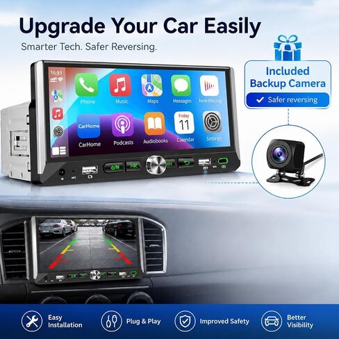 Single Din Car Stereo with Wireless Apple Carplay Android Auto 6.9'' Touchscreen 50W x 4 Output Car Radio bluetoothBackup Camera Mirror Link Navigation USB Type-C Fast Charging FM/AM EQ SWC in Kuwait