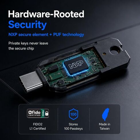 مفتاح أمان ATLKey USB-C لمفتاح المرور و2FA، معتمد من FIDO2/U2F مع لمسة ثلاثية الجوانب وإضاءة LED متعددة الألوان، يخزن 100 مفتاح مرور، تسجيل دخول مقاوم للتصيد الاحتيالي لـ Google وMicrosoft وApple والمزيد، IP68 مقاوم للماء in Kuwait