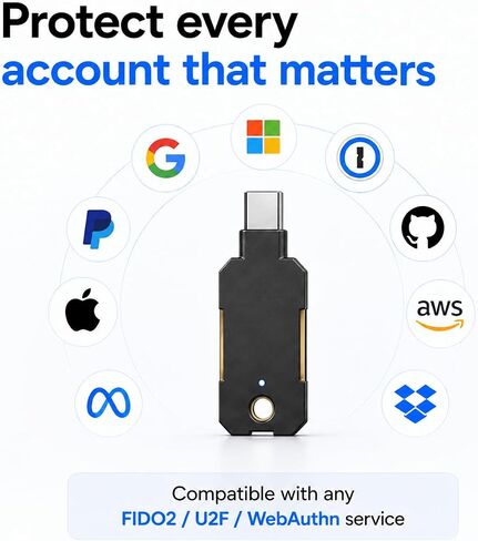 مفتاح أمان ATLKey USB-C لمفتاح المرور و2FA، معتمد من FIDO2/U2F مع لمسة ثلاثية الجوانب وإضاءة LED متعددة الألوان، يخزن 100 مفتاح مرور، تسجيل دخول مقاوم للتصيد الاحتيالي لـ Google وMicrosoft وApple والمزيد، IP68 مقاوم للماء in Kuwait