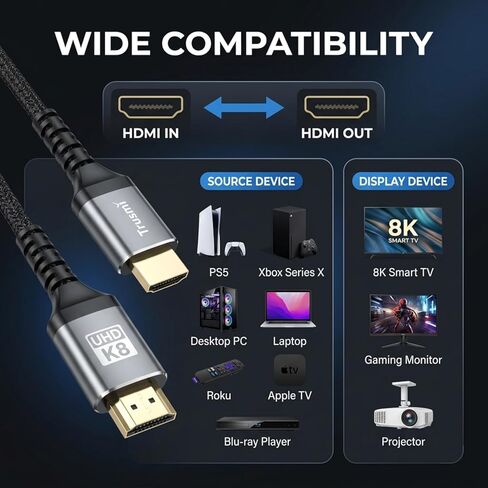 UHD 2.1 Cable 16ft, 8K@60Hz 4K@120Hz High Speed UHD Cord, Braided Ultra HD Cable for TV, Monitor, PS5, Xbox Series X, Projector, EARC in Saudi Arabia