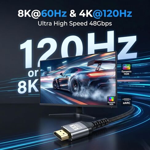 UHD 2.1 Cable 16ft, 8K@60Hz 4K@120Hz High Speed UHD Cord, Braided Ultra HD Cable for TV, Monitor, PS5, Xbox Series X, Projector, EARC in Saudi Arabia