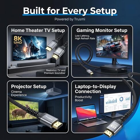 UHD 2.1 Cable 16ft, 8K@60Hz 4K@120Hz High Speed UHD Cord, Braided Ultra HD Cable for TV, Monitor, PS5, Xbox Series X, Projector, EARC in Saudi Arabia