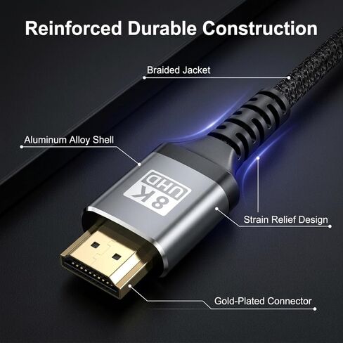 UHD 2.1 Cable 16ft, 8K@60Hz 4K@120Hz High Speed UHD Cord, Braided Ultra HD Cable for TV, Monitor, PS5, Xbox Series X, Projector, EARC in Saudi Arabia