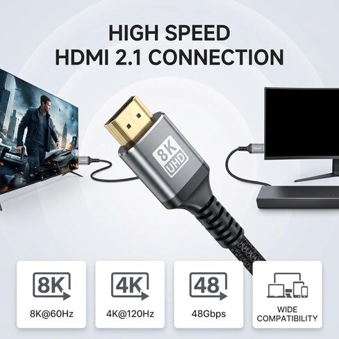 UHD 2.1 Cable 16ft, 8K@60Hz 4K@120Hz High Speed UHD Cord, Braided Ultra HD Cable for TV, Monitor, PS5, Xbox Series X, Projector, EARC in Saudi Arabia