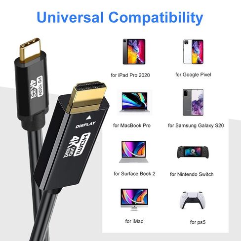 USB C to HDMI Cable 50FT 4K60HZ,Thunderbolt 3/4 to HDMI Cable Compatible with Galaxy S22 /S20, MacBook Pro/Air 2020, iPad Pro 2021/2020, Surface Book 2, XPS 15,iphone15 pro and iphone15pro max in Kuwait