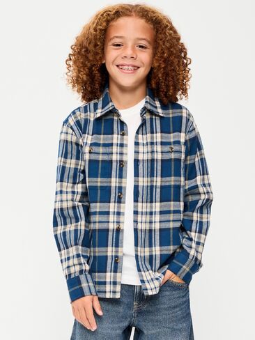 Old Navy Long-Sleeve Flannel Shirt for Boys - Medium Blue Plaid in Kuwait