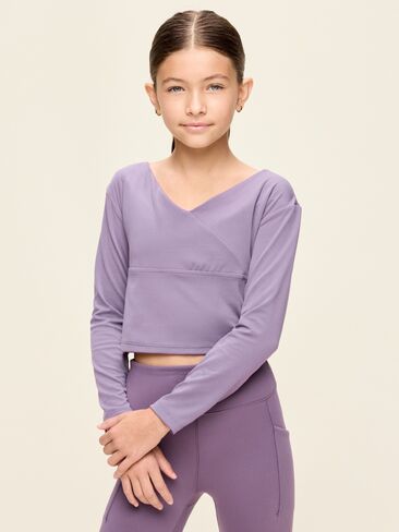 Old Navy StudioSmooth Long-Sleeve Wrap-Front Top for Girls - Soft Lilac in Kuwait