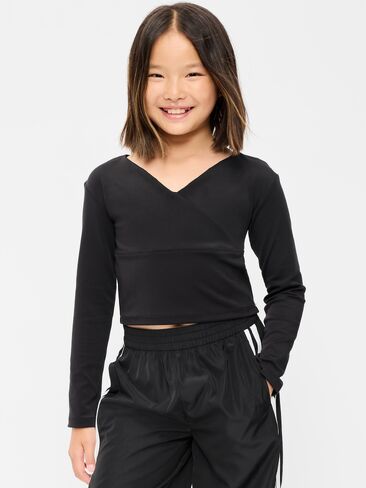 Old Navy StudioSmooth Long-Sleeve Wrap-Front Top for Girls - Black Jack in Kuwait