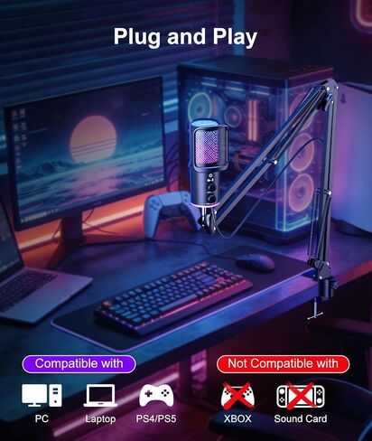 ميكروفون USB للألعاب، ميكروفون مكثف لإلغاء الضوضاء مع كتم الصوت، تعديل تردد ميكروفون ذراع بوم، مراقبة البث، البث الصوتي، الخلاف، يوتيوب، الكمبيوتر الشخصي، الكمبيوتر، PS4، PS5، Mac in Kuwait