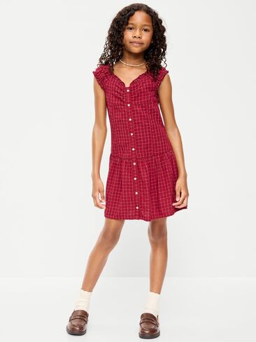 Old Navy Short-Sleeve Fit and Flare Button-Front Dress for Girls - Burgundy Plaid in Kuwait