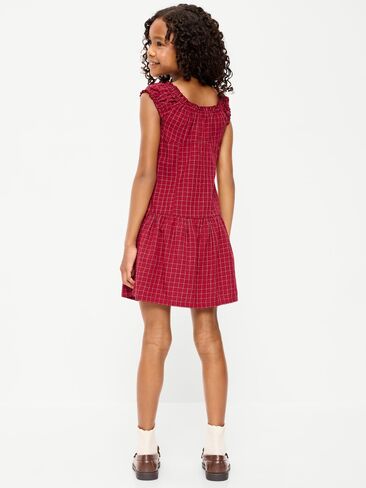 Old Navy Short-Sleeve Fit and Flare Button-Front Dress for Girls - Burgundy Plaid in Kuwait