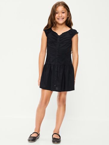 Old Navy Short-Sleeve Fit and Flare Button-Front Dress for Girls - Black Jack in Kuwait