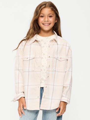 Old Navy Oversized Long-Sleeve Utility Pocket Flannel Shirt for Girls - Neutral Plaid in Kuwait