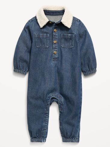 Old Navy Long-Sleeve Denim Jumpsuit for Baby - Medium Wash in Kuwait