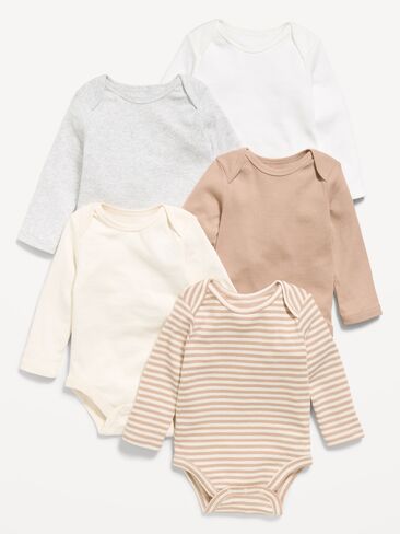 Old Navy Long-Sleeve Bodysuit 5-Pack for Baby - Neutral in Kuwait
