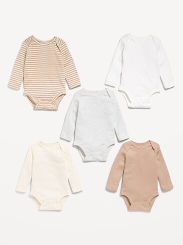 Old Navy Long-Sleeve Bodysuit 5-Pack for Baby - Neutral in Kuwait