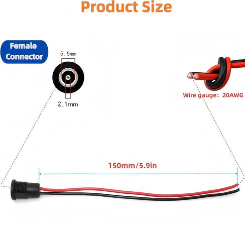 8Pack 5.5mm x 2.1MM Female DC Power Jack Socket Threaded Panel Mount Barrel Connector Adapter with 5.9 Inch Pre-soldered Wires and Dustproof Cover Cap Gytovvvz in Kuwait