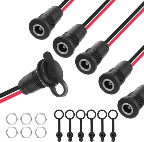 6 Pcs 10A DC-099 Power Jack Cord Socket, 5.5x2.5mm Barrel Connector Threaded Female Mount Connector Adapter with 5.9 Inch Long 18AWG Pre-soldered Wires and Waterproof Cover in Kuwait