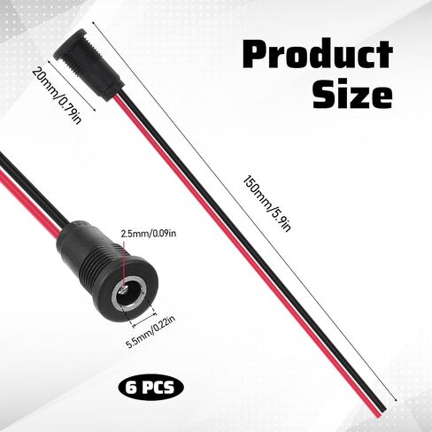 6 Pcs 10A DC-099 Power Jack Cord Socket, 5.5x2.5mm Barrel Connector Threaded Female Mount Connector Adapter with 5.9 Inch Long 18AWG Pre-soldered Wires and Waterproof Cover in Kuwait