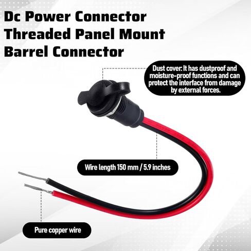6 Pcs 10A DC-099 Power Jack Cord Socket, 5.5x2.5mm Barrel Connector Threaded Female Mount Connector Adapter with 5.9 Inch Long 18AWG Pre-soldered Wires and Waterproof Cover in Kuwait