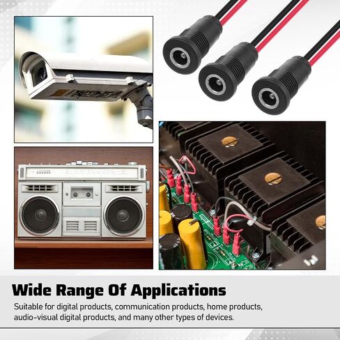 6 Pcs 10A DC-099 Power Jack Cord Socket, 5.5x2.5mm Barrel Connector Threaded Female Mount Connector Adapter with 5.9 Inch Long 18AWG Pre-soldered Wires and Waterproof Cover in Kuwait